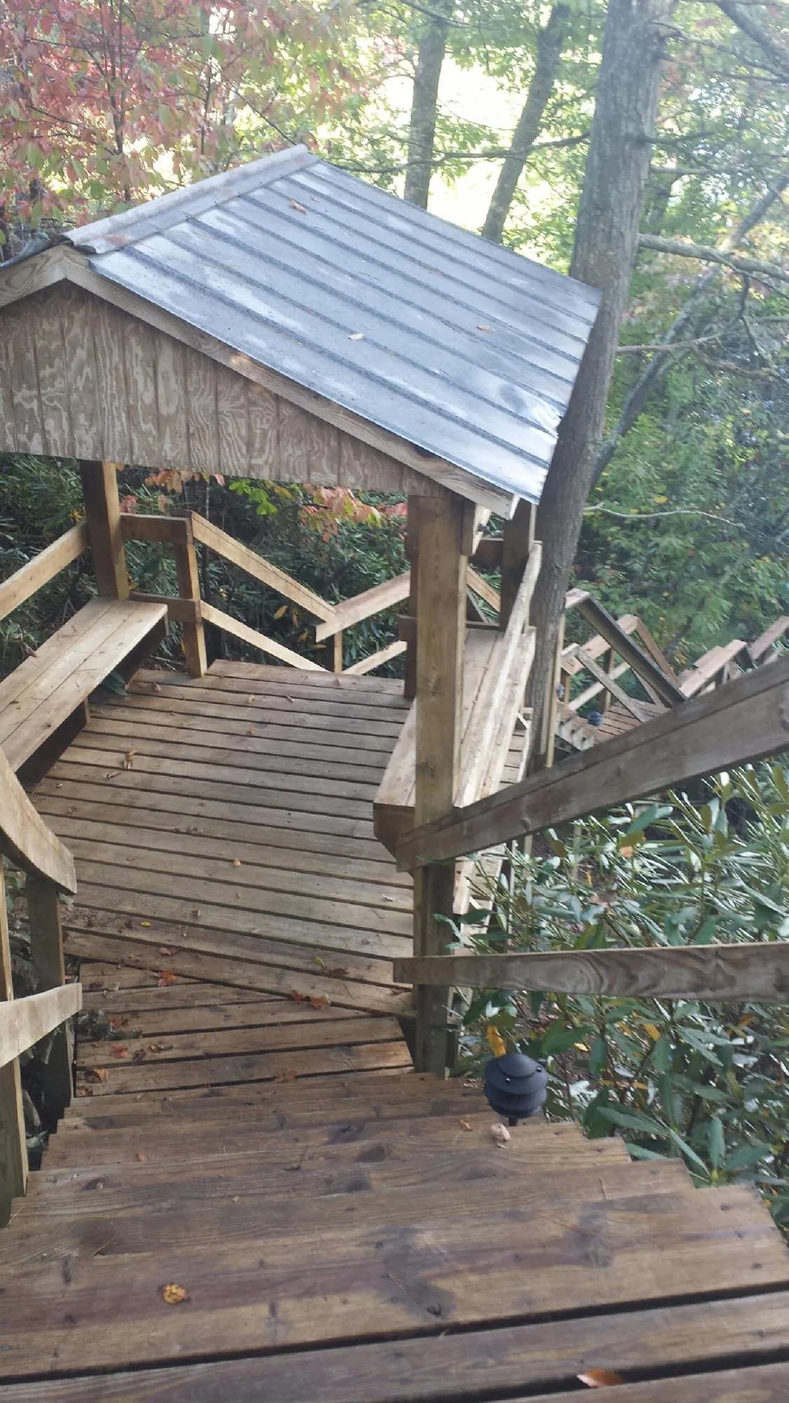 Metal roofed shelter over wooden steps on a wooded walkway — Skylight Repair & Installation work by our crew in Griffin